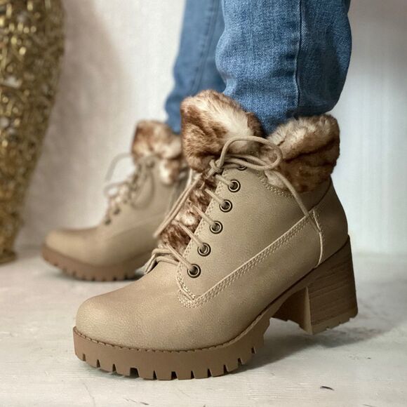 Hiking Beige Faux Suede Combat Booties - Picture 2 of 8